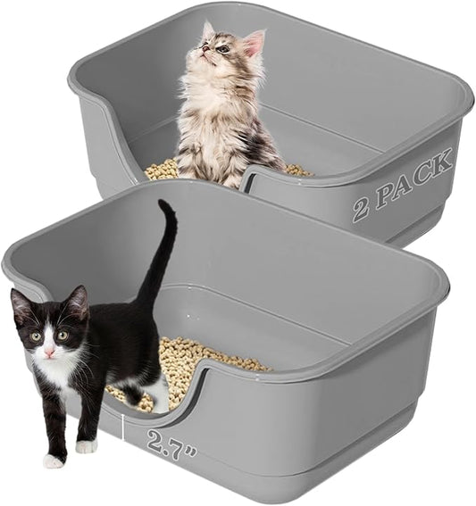 2 Pack Low Entry Small Litter Box for Kittens, Kitty Plastic Litter Boxes, Open Top, Anti-Splash High Sided Litter Tray Pan for Medium Pets, Puppy, Easy to Clean, 15.7" L*11.8" W*6.7" H (Grey)