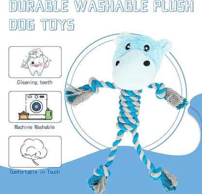 JMZDS&JL Tough Dog Toys for Puppies and Small-Medium Dogs, Tug of War and Plush Stuffed Animals for Teething and Chewing Fun (Hippo)