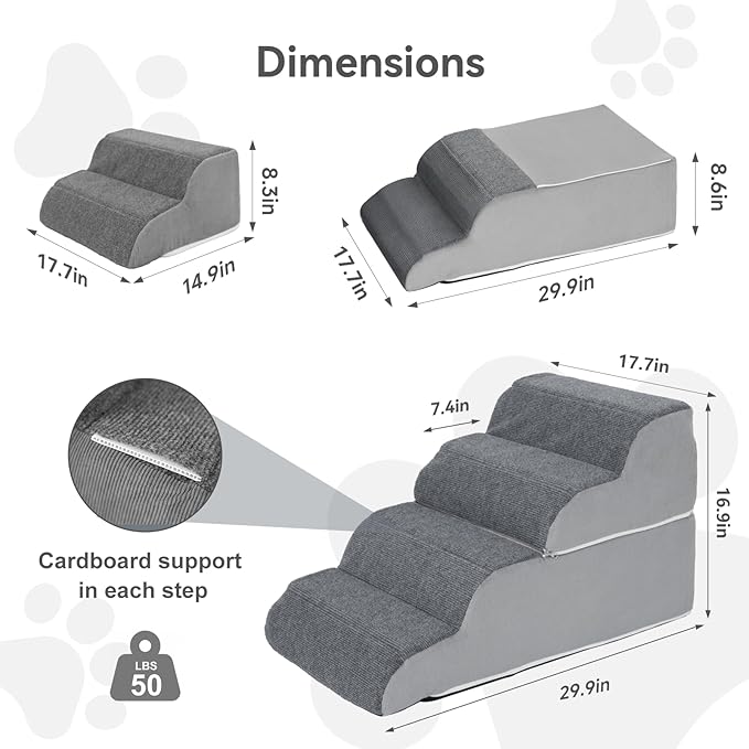 4 Steps Dog Stairs for Sofas, Chairs, Stairs, or Windowsills, 16.9" Tall Pet Steps for Small to Medium Dogs & Cats, Waterproof with Removable Cover & PE Support Board