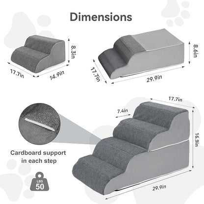 4 Steps Dog Stairs for Sofas, Chairs, Stairs, or Windowsills, 16.9" Tall Pet Steps for Small to Medium Dogs & Cats, Waterproof with Removable Cover & PE Support Board
