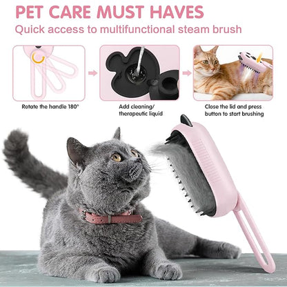 Cat Steam Brush for Shedding, 3-in-1 Rechargeable Pet Steaming Tool for Cats and Dogs, Misting Grooming Brush for Removing Loose Hair Tangled and Flying Fur, Skin-Friendly Silicone Bristles Pink