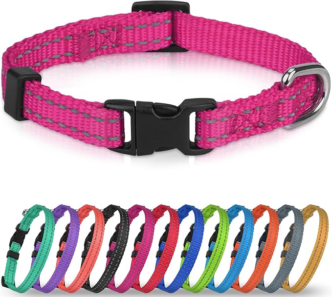 Joytale Puppy Collar, Feather-Light Double-Sided Reflective Nylon Collar for Night Safety, Adjustable Quick-Release for Extra Small Dogs, Hotpink, XS (3/8" Width)