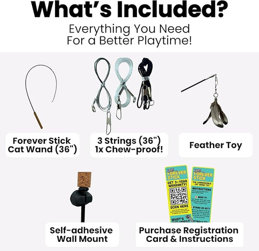 Forever Stick and 3 Strings including Chew Proof Metal Wire - The Unbreakable Cat Wand Toy, Durable Cat Toy Wand, Extra Long Cat String Toy, Cat Fishing Pole Toy for Bored Indoor Adult Cats, Stick Toy