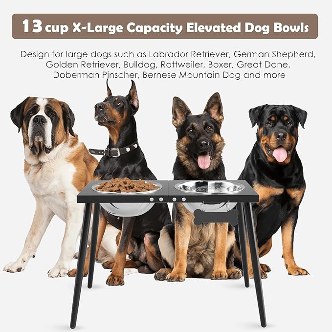 Metal Elevated Dog Bowls, 17in Tall Raised Dog Bowl Stand, Dogs Raised Stand with 3000ml Stainless Steel Bowls and Sprill Proof Mat for Extra Large Breeds
