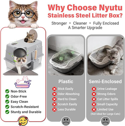 Enclosed Stainless Steel Cat Litter Box with Lid, XL Large Metal Litter Box Stainless Steel, Odor-Free/Anti-Leakage & Non-Stick/Easy Clean, High Sided Litter Box with Mat & Scoop for Big Cats