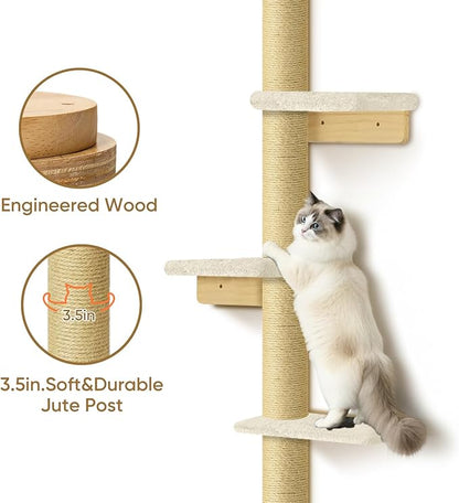 PAWSCRAT Wall-Mounted Cat Tree, 5 Tier Floor to Ceiling Cats Tower, 80 Inch Wall-Mounted Cat Scratching Post, Space Saving Cat Furniture and Easliy Climb for All Cats, Beige