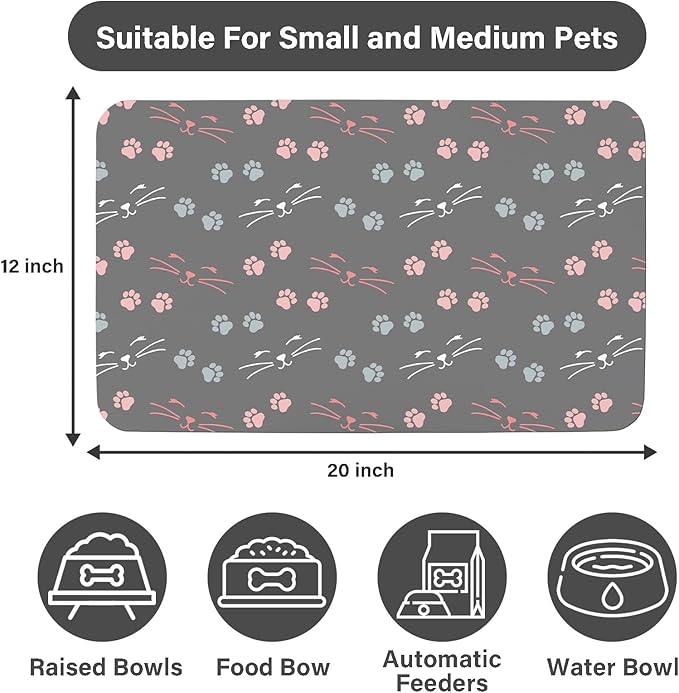 Patterned Cat & Dog Bowl Mat for Food and Water, 12"×20" Quick Dry Absorbent Pet Feeding Mat, Eco-Friendly Dog Placemat