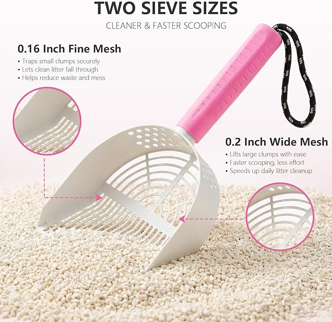 Cat Litter Scoop with Holder, 3-in-1 Litter Box Solution: Metal Scooper, Dustpan & Mini Broom, Coarse and Fine Grid, Quick Sift, Metal Kitty Litter Scooper Works with All Type of Cat Litter