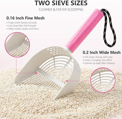 Cat Litter Scoop with Holder, 3-in-1 Litter Box Solution: Metal Scooper, Dustpan & Mini Broom, Coarse and Fine Grid, Quick Sift, Metal Kitty Litter Scooper Works with All Type of Cat Litter