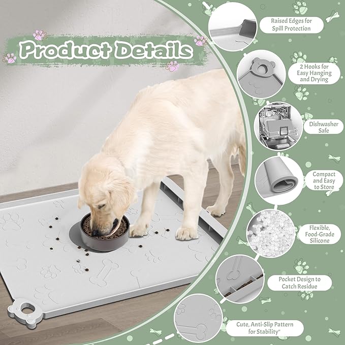 Silicone Dog Food Mat With Residue Collection Pocket - Waterproof Pet Feeding Mat for Cats and Dogs, Raised Edges, Hooks, Placemats for Water Bowl