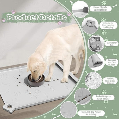 Silicone Dog Food Mat With Residue Collection Pocket - Waterproof Pet Feeding Mat for Cats and Dogs, Raised Edges, Hooks, Placemats for Water Bowl