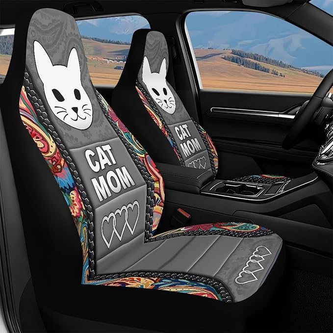 Cat Mom Car Seat Covers 2 Pcs Waterproof Front Seat Covers Boho Floral Bucket Seat Cover Car Interior Accessories for Women Men