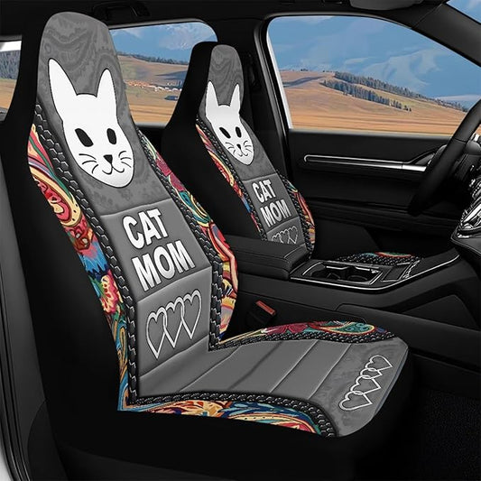 Cat Mom Car Seat Covers 2 Pcs Waterproof Front Seat Covers Boho Floral Bucket Seat Cover Car Interior Accessories for Women Men