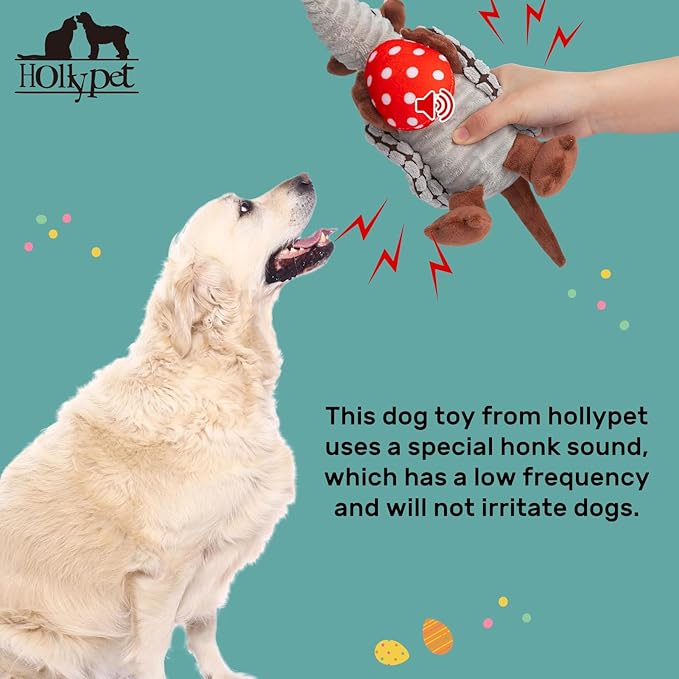 Hollypet Plush Dog Squeaky Toy Stuffed Armadillo Animal Pet Puppy Chew Toys with Clean Teeth for Small Medium Large All Breed Sizes Dogs, Gray, 8 in, Red Easter Eggs with WhiteDots