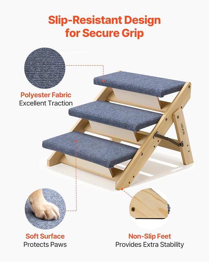 VEVOR Wood Pet Stairs, 3-Step Dog Stairs for Beds, Sofa & Cars, 150lbs Load Capacity, Floded Flat Design, Stable & Sturdy Cat & Dog Step Ladder for Small Medium Large Older Pet Puppy Essentials