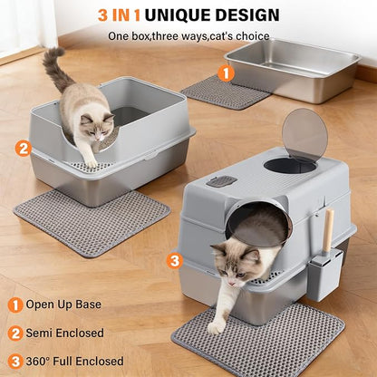 Stainless Steel Litter Box with Lid,Extra Large Enclosed cat Litter Box, Metal litterbox with Flip Top,Front and Top Entry,Anti-Leakage,Easy Cleaning,Includes Carbon Filters & Scoop & Mat