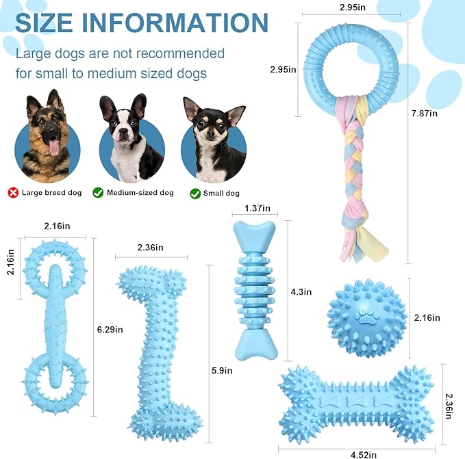 6 Pack Dog Chew Toys for Puppy Cute Blue Small Dog Toys Puppy Dog Toys for Teething Soft Durable Interactive Chew Toy for Small Dogs Light Blue