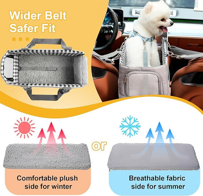 Console Dog Car Seat for Small Dogs Cats Up to 12lbs, Anti-Collapse Pet Armrest Booster Seat with Soft Pillow,Non-Slip Seat Rails Hooks & Safety Belt, Portable Car Accessories for Pets Travel