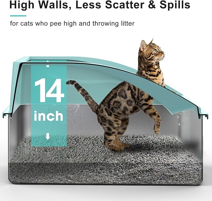 Stainless Steel Litter Box | XXL Deepened 8" Design Enclosed Box with Lid for Big Cats | High Sided, Anti-Urine Leakage | Non-Stick Bottom & Includes Litter Mat & Metal Scoop (Turquoise)