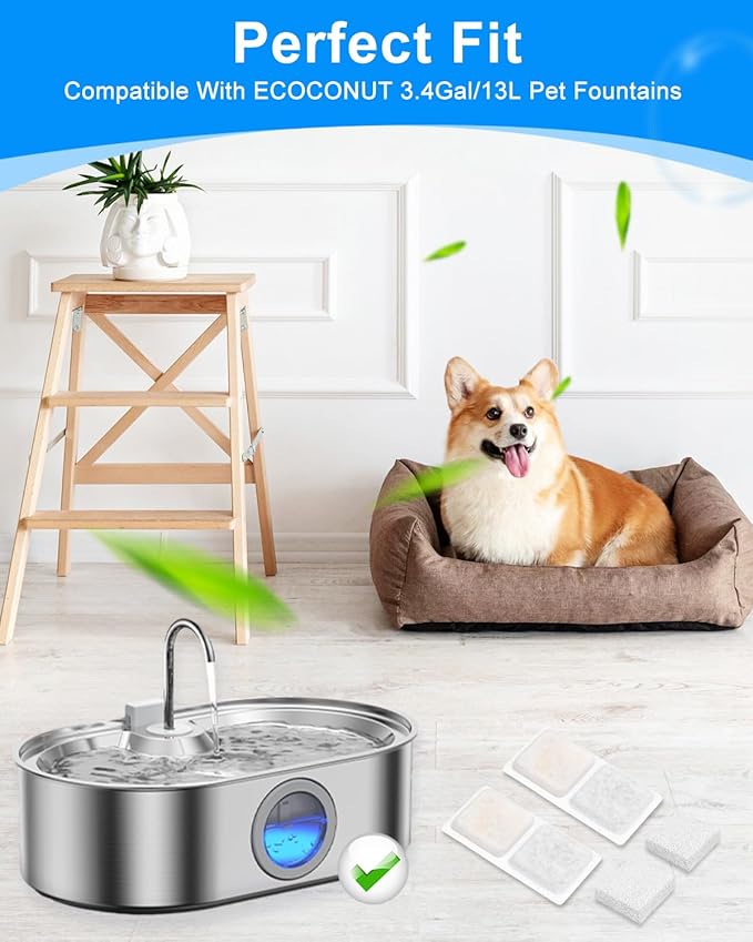 Pet Water Fountain Replacement Filters Compatible with ECOCONUT 3.4Gal/13L Large Dog Water Fountain, Carbon and Sponge Filters for Pet Fountain Water Bowl, Filtered Dog Water Bowl (6 Pack)