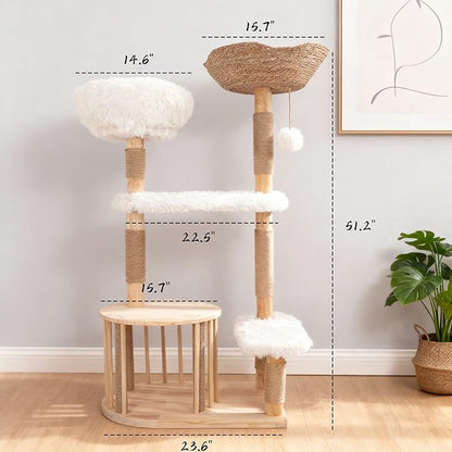 51" Modern Cat Tree Tower for Indoor Cats, Natural Solid Wooden Cat Tower with Sisal Scratching Post, Luxury Cat Furniture with Hand-Woven Natural Rattan Nest for Multi-Cat Households