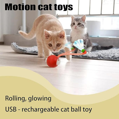 Interactive Cat Toy Ball - 2Pcs Speedy Cat Toys for Indoor Cats with Feather Tails for Chasing with 2Pcs Replaceable Tails ，Automatic Kitten Toys for Bored Indoor Adult Cats