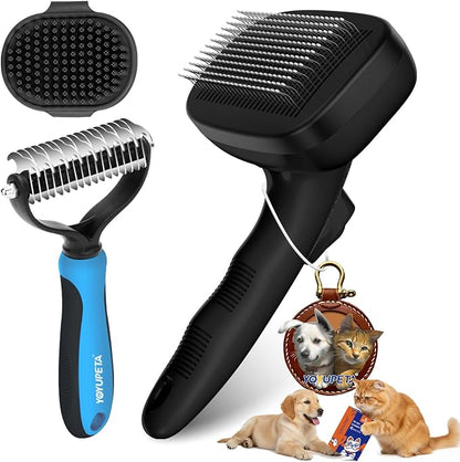 3PC Dog Brush Kit - Self-Cleaning Slicker Brush with Bath Brush & Undercoat Rake | Deshedding Tools for Large - Small Dogs & Cats, Professional Pet Grooming Set for Heavy Shedding, Black