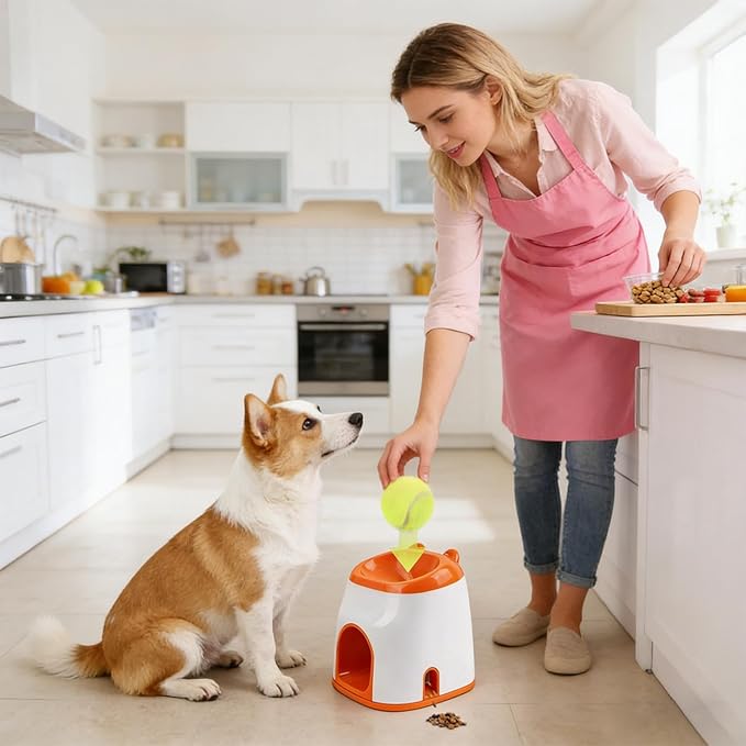 Automatic Dog Ball Thrower, Interactive Fetch Toy, Pet Exercise with Treat Feature, Adjustable Ball Machine for Apartment Living Room Home Outdoor Park Backyard Fun