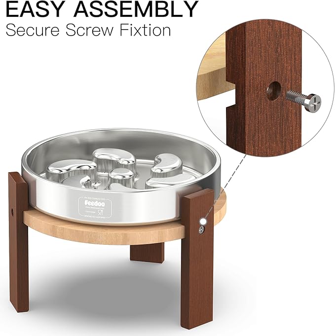 Elevated Dog Bowl Stand, 6'' Height Raised Stand for Medium&Small Dogs, Includes 2Cups Stainless Steel Slow Feeder Dog Bowl, Durable Solid Hardwood
