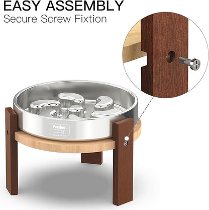 Elevated Dog Bowl Stand, 6'' Height Raised Stand for Medium&Small Dogs, Includes 2Cups Stainless Steel Slow Feeder Dog Bowl, Durable Solid Hardwood