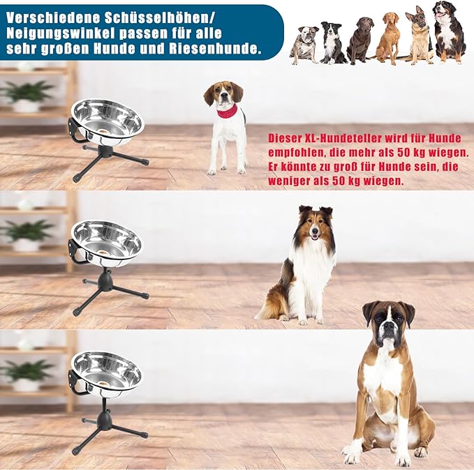 Elevated Dog Bowl with Adjustable Metal Stand,Extra Large Size for Dogs Heavier Than 100 lbs,1.24 Gal 4.7 Liter, Stainless Steel Dog Food Bowl Height Adjustable Non-Slip Raised Dog Bowl Set