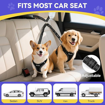 Pawaboo Dog Seat Belt for Car, Double Dogs Car Seatbelt Adjustable, 360° No Tangle Dogs Vehicle Safety Leash with Elastic Bungee Buffer, Reflective Y Shape Two Dog Cars Harness for Pets Cars Travel