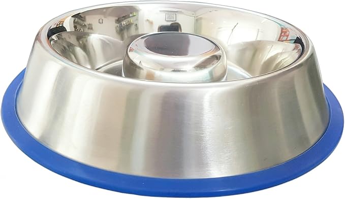 Mr. Peanut's Stainless Steel Interactive Slow Feed Dog Bowl with a Blue Silicone Base, Fun Healthy Bloat Stop Feeder (Medium)