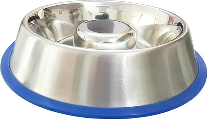 Mr. Peanut's Stainless Steel Interactive Slow Feed Dog Bowl with a Blue Silicone Base, Fun Healthy Bloat Stop Feeder (Medium)
