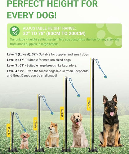Tether Tug Outdoor Dog Toy, 31"-78" Tug of War Dog Toy with Safety Pole Cover, 3 Replaceable Ropes & Spiral Ground Anchor - 4 Durable Spring Pole Interactive Pull Toy for Large Medium Small Dog