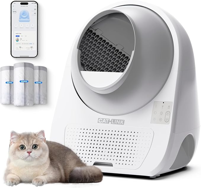 CATLINK Self Cleaning Cat Litter Box for Multiple Cats, Health Monitoring, Automatic Litter Box with APP, Odor Control, 65L Safe Pinch-Free Robot Cat Litter Box, White/Large (Luxury Pro-X)