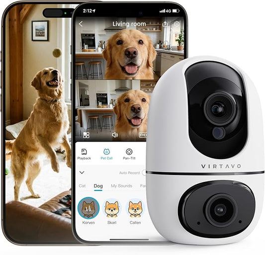 VIRTAVO AI Pet Camera Indoor with Phone App for Dog, Cat & Puppy, 360° Dual-Lens with Auto Tracking & Pet Calling, No Subscription, Wi-Fi 6 (5GHz/2.4GHz), Apple Watch & Alexa Compatible