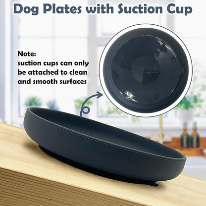 Silicone Dog Bowl Set of 2 Flat Puppy Food & Water Dish Less Mess Cat Dry Food Plates with Suction Cup Non-Tippable Feeding Bowls for Small & Medium-Sized Pets (Round Grey)