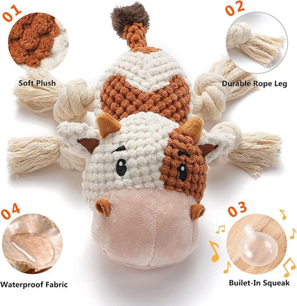 Dog Toys, Dog Plush Toy for Large Breed, Cute Squeaky Dog Toys with Crinkle Paper, Dog Chew Toys for Puppy, Small, Middle, Big Dogs (Cow)