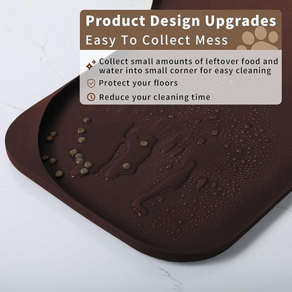 Silicone Pet Food Mat with Raised Edge for Food and Water Bowl, Dog Feeding Mats, Cat Food Trays for Floor Waterproof, Rubber Tray for Dogs and Cats, 19 x 12 x 0.7 Dark Brown