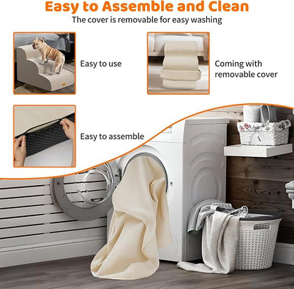Gimars 30D High-Density Foam & Extra-Wide, Stable 3-Step Dog Stairs, 40cm High Pet Stairs with Washable Cover & Non-Slip Base, Portable Ramp for Small Dogs to Sofa, Bed, Couch, Car