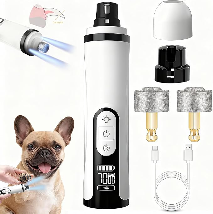2025 Upgraded Quiet Dog Nail Grinder with 2 LED Light & 3-Speed，2000mah Long-Lasting Battery，Professional Painless Paws Grooming & Smoothing for Small Medium Large Dogs and Cats (1+2*Replacement Head)