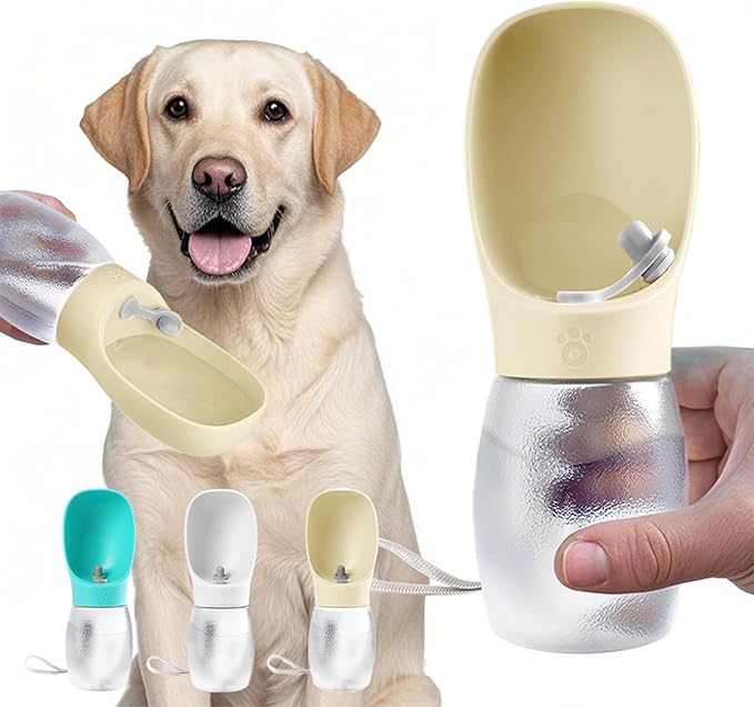 Kalimdor Dog Water Bottle, 12oz Leak Proof Portable Puppy Water Dispenser with Drinking Feeder for Pets Outdoor Walking, Hiking, Travel, BPA Free Food Grade Plastic (Cream Yellow, 12oz)