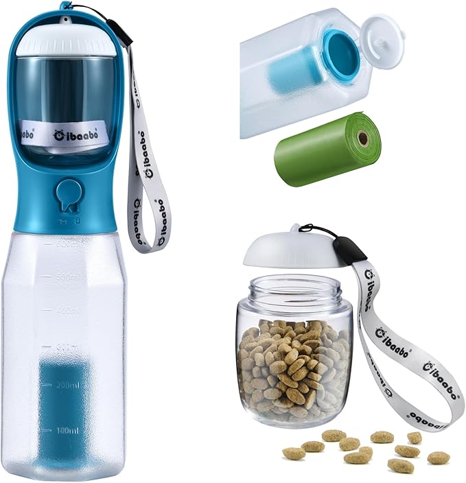 Cibaabo Dog Water Bottle with Food Container & Poop Bag Holder, Travel Water Bowl, Portable Pet Dispenser, Dog Gifts Stuff Accessories Items, Puppy Essentials for Yorkie Chihuahua Walking Hiking