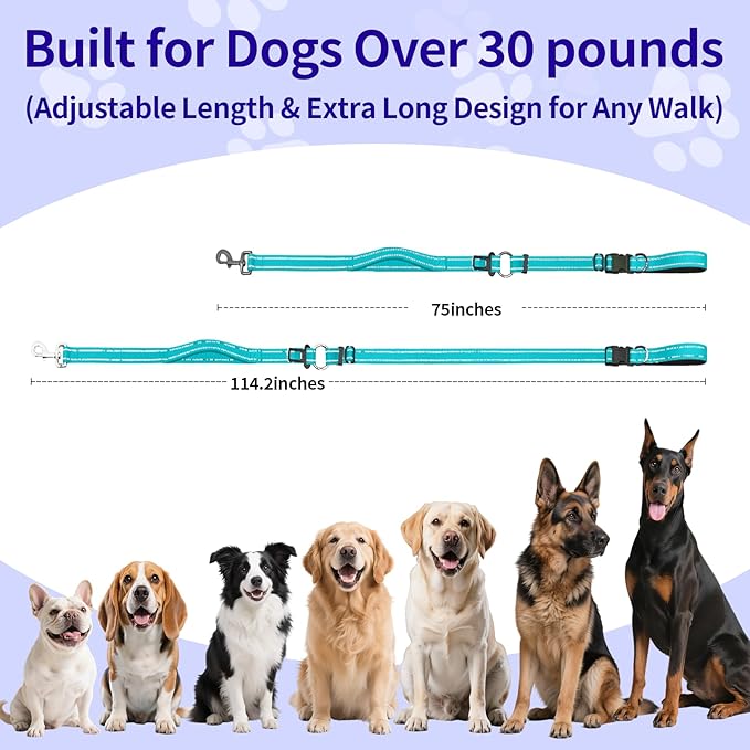 Kazazoo Hands-Free Dog Leash with Adjustable Length 6-9FT + Dual Padded Handles Reflective Safety for Walking, Jogging & Training | Suitable for Medium to Large Dogs & Puppies Green-L