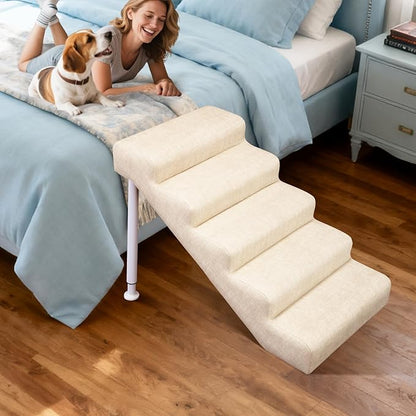 DoCred Adjustable Dog Stairs for Beds & Sofas - 5 Step 18.5"-21.6" H Non-Slip Pet Stairs for Small to Medium Dogs & Cats, Supports up to 150 lbs - Linen Faux Leather Dog Steps