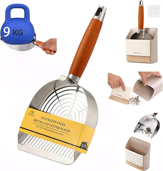 Custom Extra Thick Cat Litter Scoop Set with Holder and Broom – Heavy Duty Multi-Functional Metal Litter Scooper for Fast and Easy Litter Cleaning