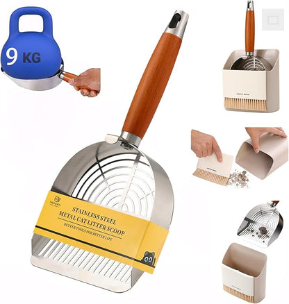 Custom Extra Thick Cat Litter Scoop Set with Holder and Broom – Heavy Duty Multi-Functional Metal Litter Scooper for Fast and Easy Litter Cleaning