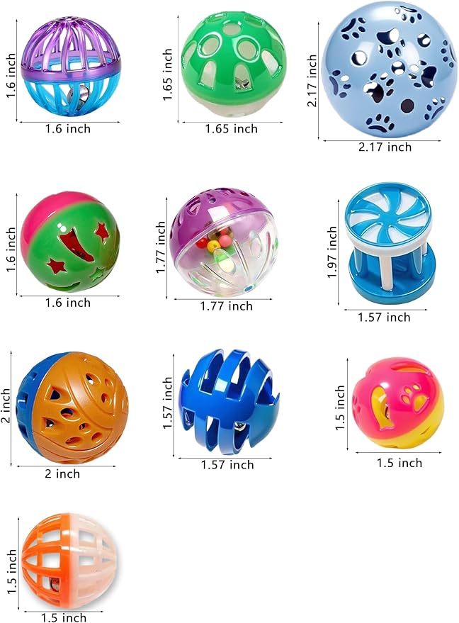 10-Pack Cat Toys Indoor Bored Kitten, Plastic Lattice Jingle Balls, 10 Styles Colorful Interactive Balls for Kitties (1.5'' - 2.1'')