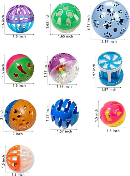 10-Pack Cat Toys Indoor Bored Kitten, Plastic Lattice Jingle Balls, 10 Styles Colorful Interactive Balls for Kitties (1.5'' - 2.1'')
